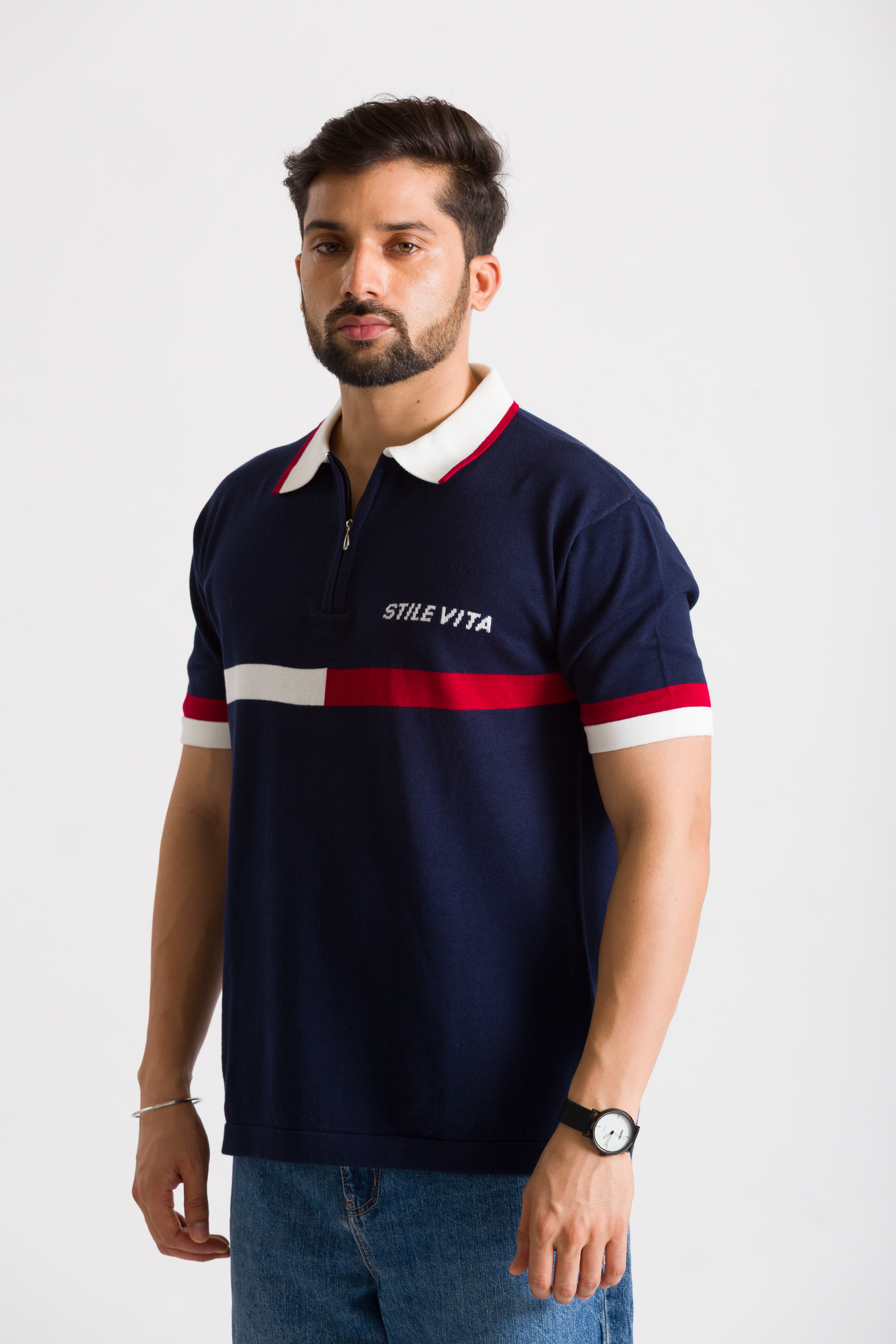 Knitted Navy Blue (Red & White Stripes) Polo T-Shirt
